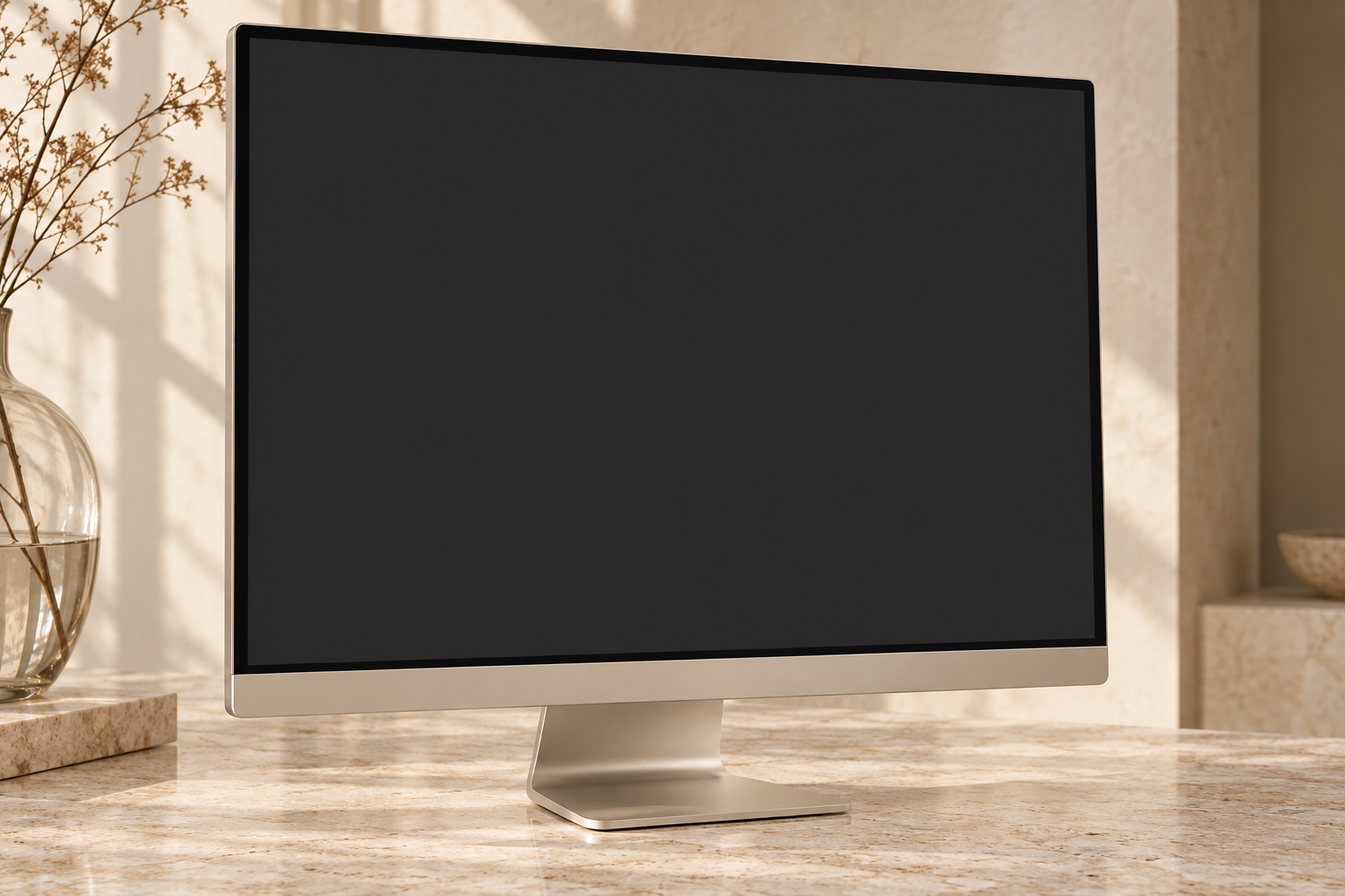 暖かい石材のスタジオにECサイトの画面を表示したモニター